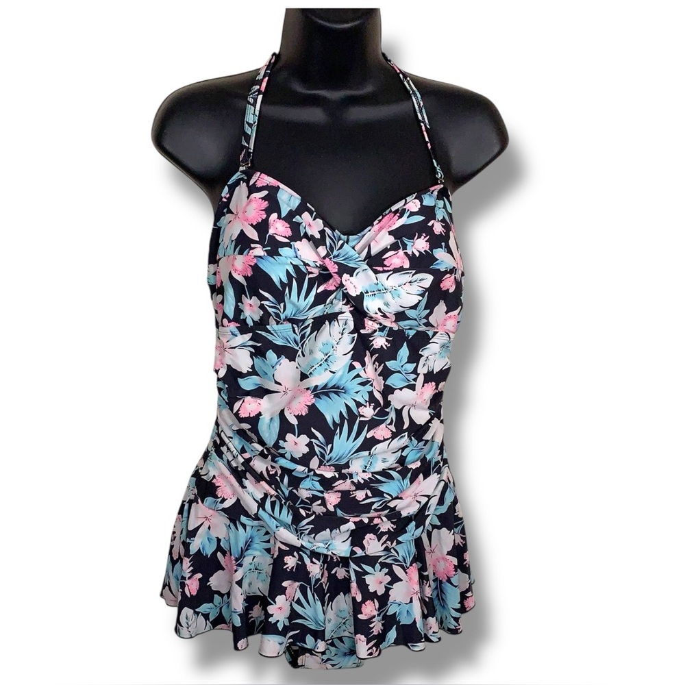 Size 12 Shore Shapes Retro Swimsuit Pinup Tropical Floral One Piece Blue Pink